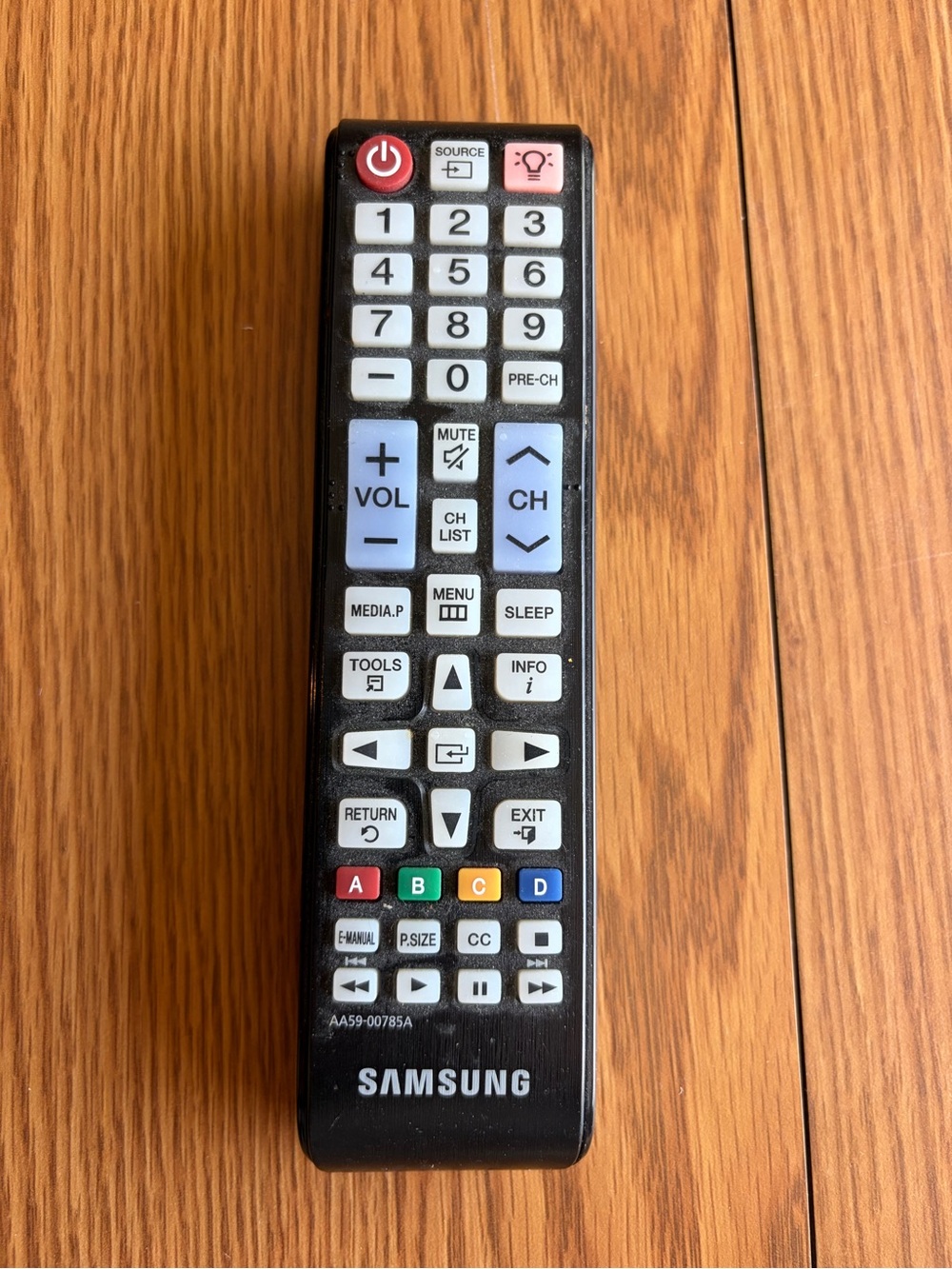 Samsung Remote in Black with Light Blue and Red Accent Buttons